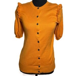 Boden Sweater Ruffle Short Sleeve Button Up Cardigan Pumpkin Orange‎ Sz 4 Fall
